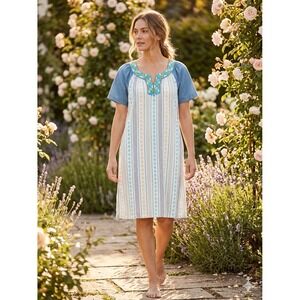Go Softly Patio Dress L Cotton Embroidered Boho Coastal Shift Womens